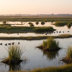 Serene Wetland Landscape with Ducks and Grass Islands at Sunrise