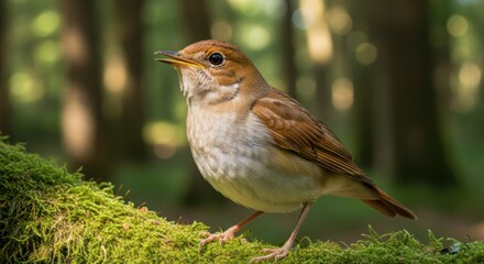 A brown and white bird standing on moss in a forest setting.
