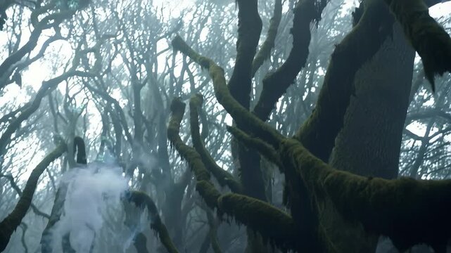 A hooded magician casting a glowing spell in a mysterious, misty forest with gnarled, moss-covered trees, magical fantasy concept