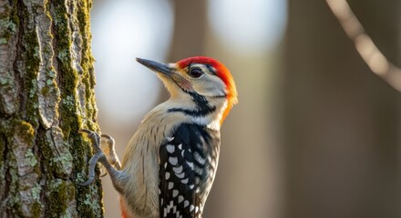 Naklejka premium A red-headed woodpecker perched on a tree trunk, with a blurred forest background.