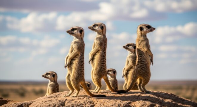 Five meerkats standing on a mound, alert and looking in different directions against a clear sky with scattered clouds.