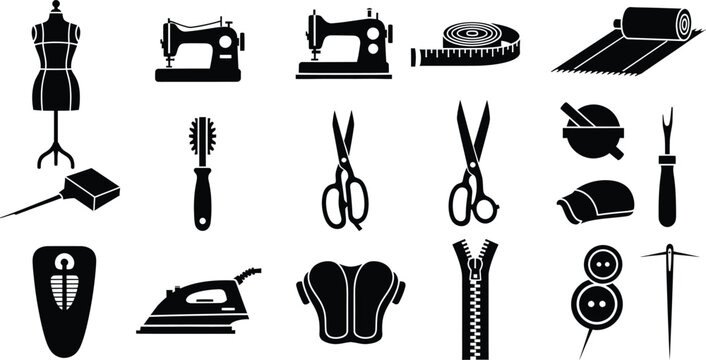 A collection of black silhouette icons representing various tools and equipment for sewing and tailoring