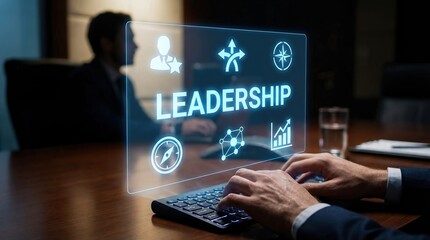 Fototapeta premium Leadership business technology management strategy digital innovation professional businessman hands typing on keyboard with glowing holographic interface in a modern dark office workspace.