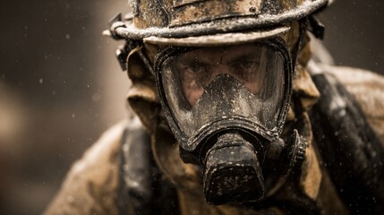 Fototapeta premium A Resilient Warrior in Protective Gear Facing Adversity in a Challenging Environment