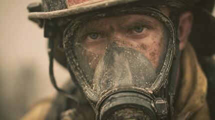Fototapeta premium Brave Firefighter in Protective Gear Ready for Action in Smoky Environment
