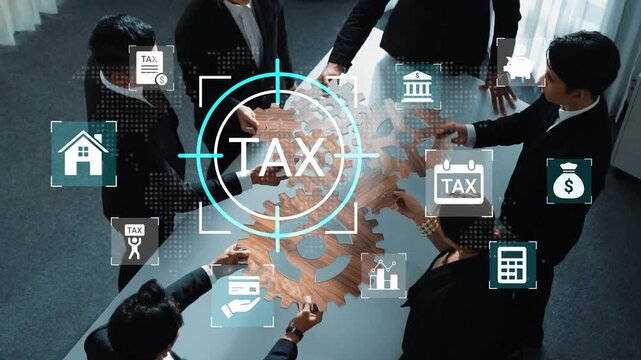 Professionals Collaborating on Tax Strategies with Digital Elements in Office Setting Highlighting Financial Planning and Consultation Concepts Gluon.