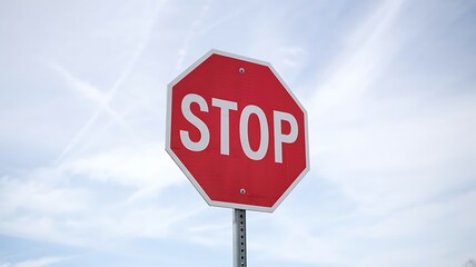 Obraz premium Red stop sign against a bright blue sky with wispy white clouds, signaling a universal command for vehicles to halt at an intersection