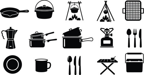 A collection of black and white icons representing various camping and outdoor cooking equipment © Milon Store