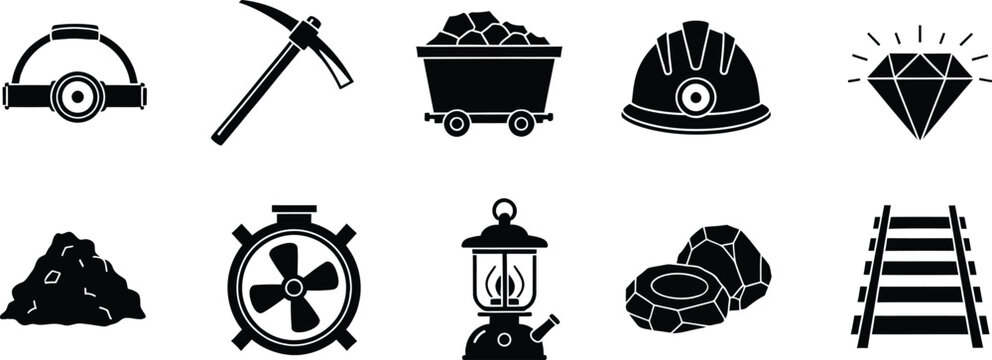 A collection of black silhouette icons representing essential tools and equipment used in mining operations.
