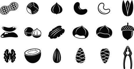 A collection of black and white vector icons representing various nuts, seeds, and a nutcracker. © Milon Store