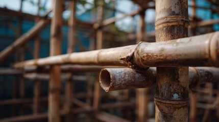 Detailed Shot of Bamboo Scaffolding Structure with Natural Texture