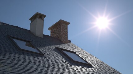 Roof with chimneys and skylights under bright sunlight and clear sky