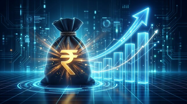 Digital currency growth with glowing rupee symbol on money bag and futuristic financial chart displaying upward trend arrow and data visualization