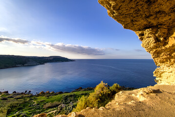 View from Tal-Mixta Cave near Nadur overlooking the Gozo coastline and open sea