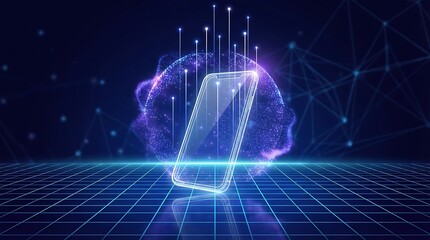 Fototapeta premium Futuristic smartphone concept emerging from digital sphere with glowing network lines and particles representing technological innovation data transfer and global connectivity on dark background