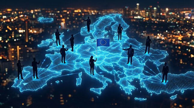 Digital connections across Europe representing global business networks and team collaboration, digital map highlighting european countries with glowing lines and business people silhouettes.