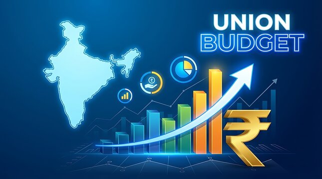 Indian economy union budget showing financial growth and investment opportunities with charts, graphs, rupees symbol and map of india outline on abstract background.