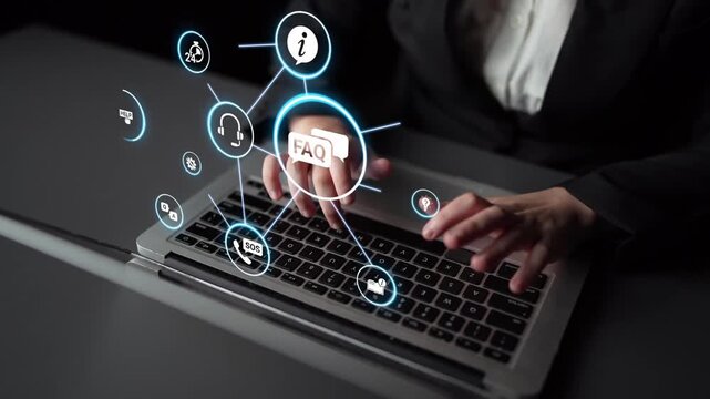 FAQ and online help icons show question, answer, and support system. FAQ improves online help experience, customer service quality, and FAQ knowledge access. Funnel