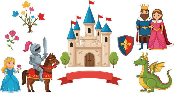 Fairy tale medieval elements vector set with castle, princess, knight and dragon for children fantasy design