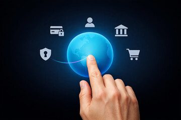 Global Digital Payment Security Concept with Finger Touching World Globe Representing Online Banking Ecommerce Financial Technology and Data Protection