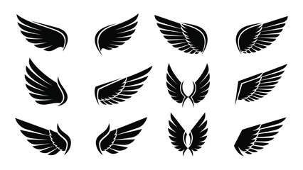 Obraz premium A collection of twelve black and white wing designs with varying shapes and sizes Vector
