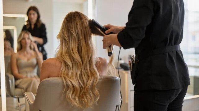 Blonde woman with long wavy hair styled by salon stylist using curling iron and flat iron, relaxed beauty moment in modern salon