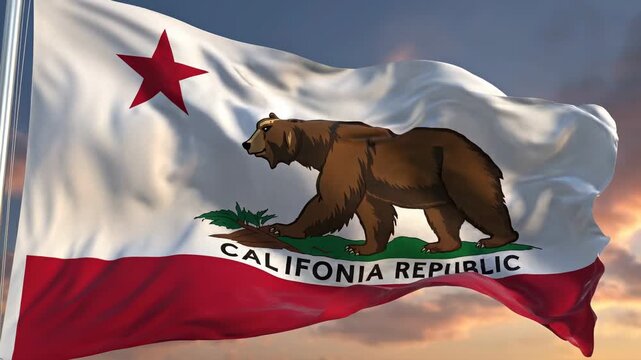 California State Flag Waving at Sunset 4K Video