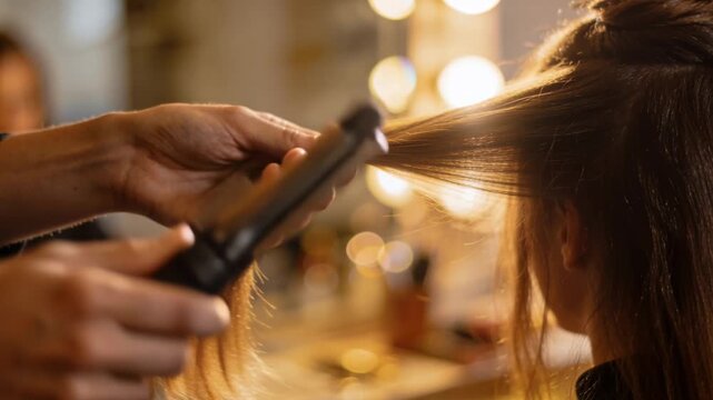 Salon stylist hair straightener brunette salon stylist straightening hair warm lighting hair stylist cutting long brown hair