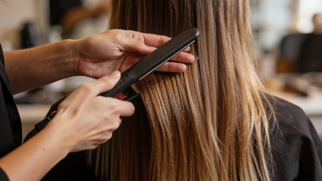 Straight long brown hair straightener salon stylist smooth shiny finish professional care glossy treatment calm professional