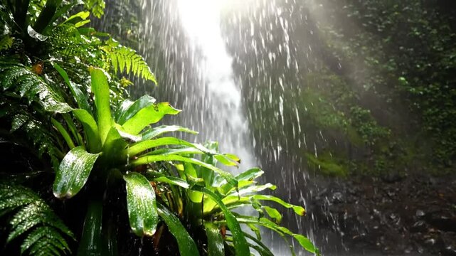 Lush Green Tropical Plants with Waterfall and Sun Rays in Rainforest Scene for Nature Serenity