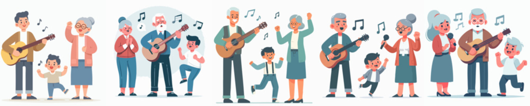 Cheerful Flat Illustration of Senior People Playing Music Together with Children