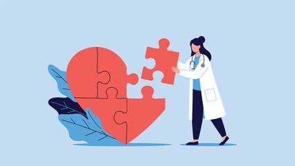 Female doctor in white lab coat assembling heart puzzle pieces representing cardiology care medical treatment and emotional health restoration.