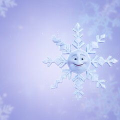 Obraz premium A snowflake character with a smiling face floats against a pastel purple background. The scene reflects a joyful winter spirit, with shimmering snowflakes around it