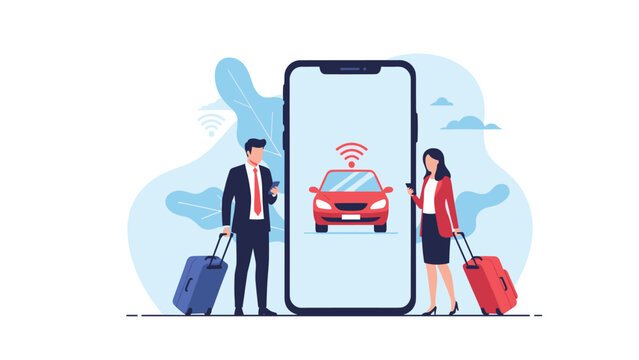 Businessman and businesswoman with suitcases standing next to large smartphone displaying autonomous car icon representing mobile ride sharing apps.