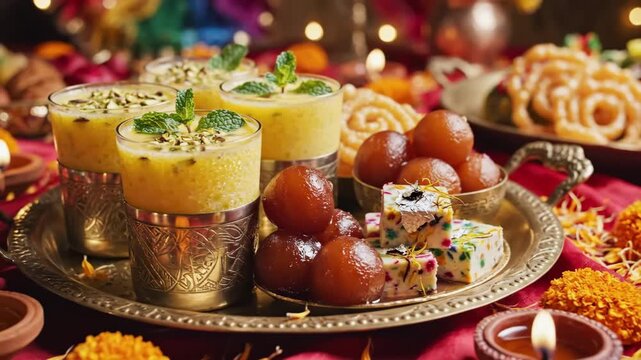 Festive Mango Lassi Shots With Gulab Jamun, Barfi And Marigold, Caterer Arranging Golden Glasses Of Creamy Mango Lassi With Mint Garnish, Syrupy Sweets, Diya Lights And Vibrant Marigold Decor.