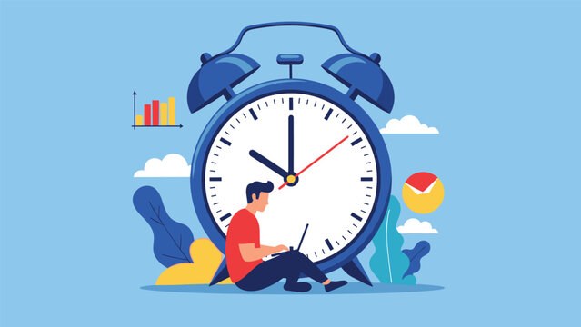Tired businessman working on a laptop while leaning against a giant alarm clock symbolizing late night work and tight deadlines.
