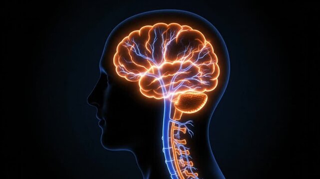 Futuristic human head silhouette with neon blue outline in dark background