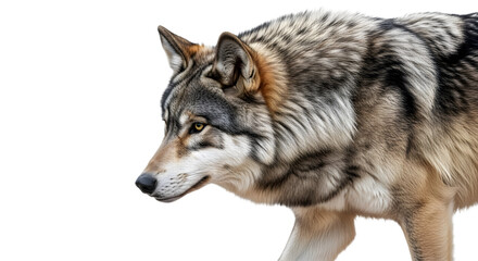 A gray wolf with a thick coat standing against a black background