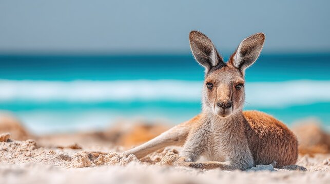 Resting kangaroo on a sandy beach with the ocean in the background