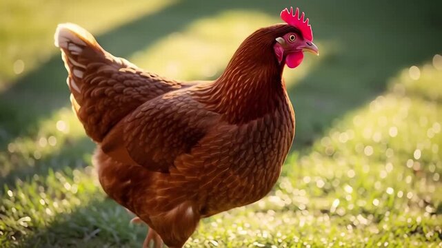 Brown Chicken Standing on Green Grass.