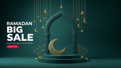 Ramadan big sale advertisement featuring a decorative archway crescent moons and golden elements high quality professional