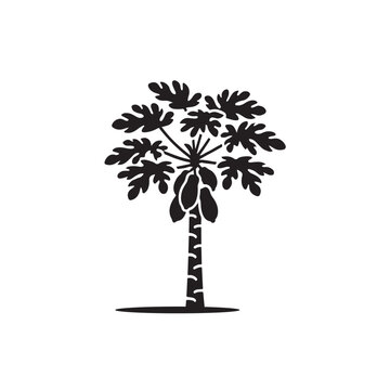 Black silhouette of a Carica papaya plant with leaves and hanging fruit.