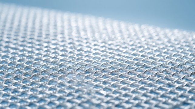 Close-up macro of woven stainless-steel wire mesh showing a repeating grid pattern with cool blue reflections.