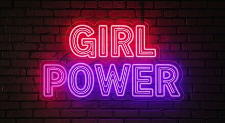 Obraz premium Neon sign on brick wall with girl power message international women's day background download 2026 2027