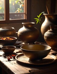 Interior still-life captures rustic, hand-crafted pottery and natural light from a window