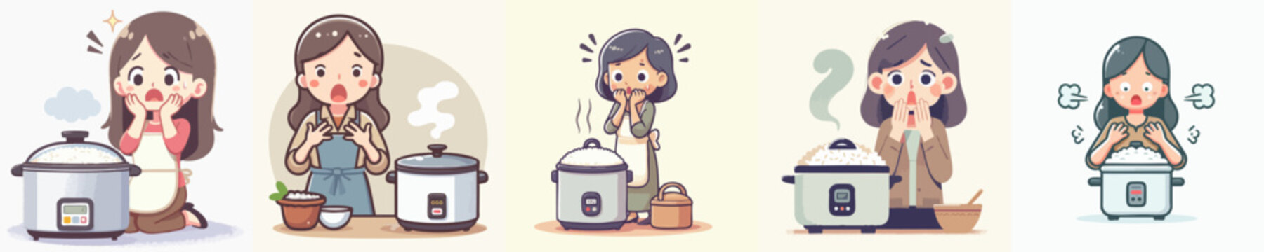 Kawaii Illustration of a Woman Overcooking Food in a Rice Cooker Appliance