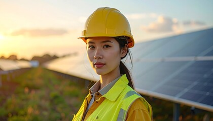 Ingeniera con casco y chaleco reflectante en planta solar al atardecer, energía fotovoltaica y liderazgo femenino