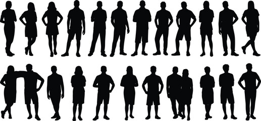 People silhouettes standing poses collection, men women casual body language figures isolated on white background illustration set design vector icons © Noman Art