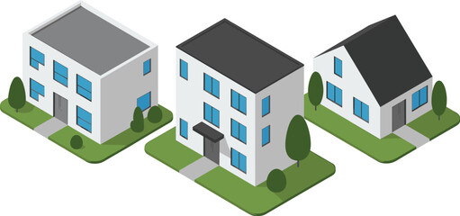 Isometric modern house set illustration, contemporary residential buildings collection, minimal suburban homes architecture design, real estate vector concept pack