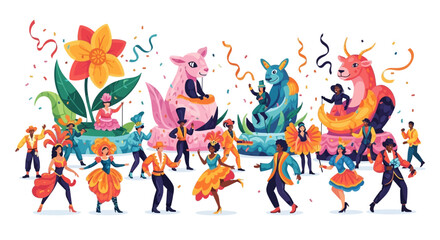 Fototapeta premium Isometric illustration of a vibrant carnival parade with people dancing around colorful floats, costumes, and flowers against a white background, conveying a joyful and celebratory mood.